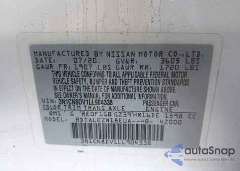 2020 Nissan Versa S Xtronic Cvt из США, поврежденный, VIN 3N1CN8DV1LL904338